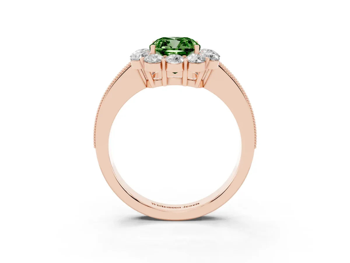 Fancy Green Cushion Cut Cut Halo Diamond Pavé Engagement Ring with Milgrain Detailing Rose gold