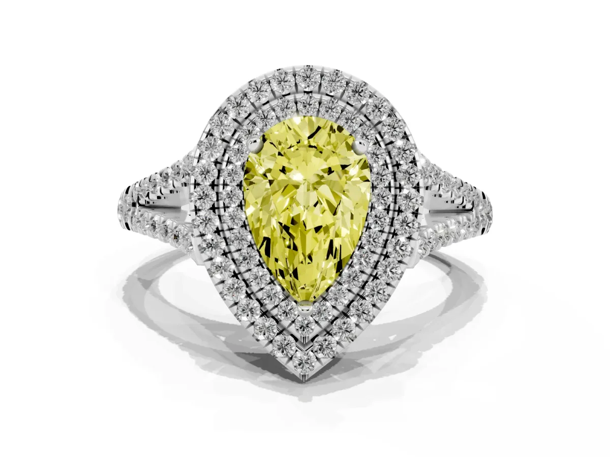 Fancy Yellow Pear Cut Diamond Double Halo Ring with Pavé Band and Prong Setting Platinum