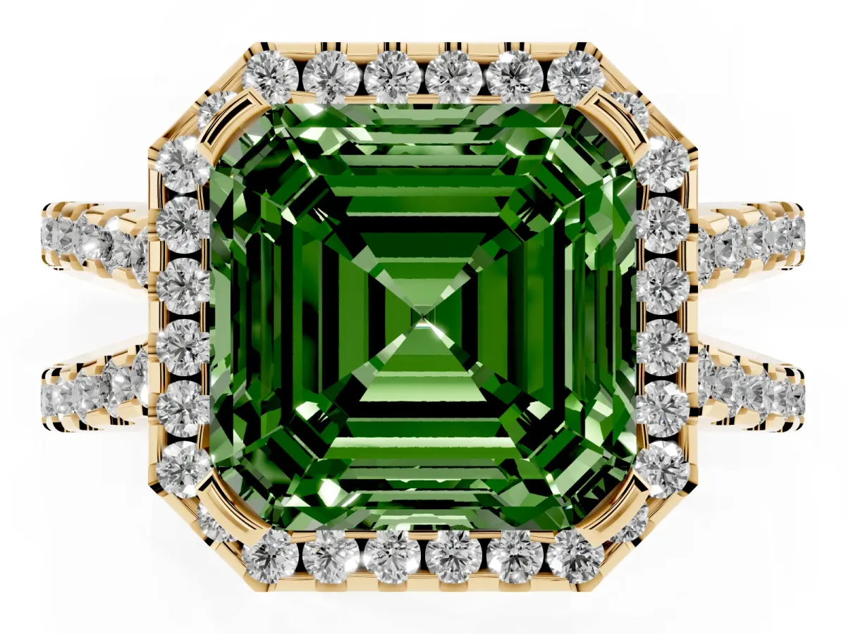 Fancy Green Asscher Cut Diamond Halo Ring with Split Shank Pavé Band and Prong Setting Yellow gold