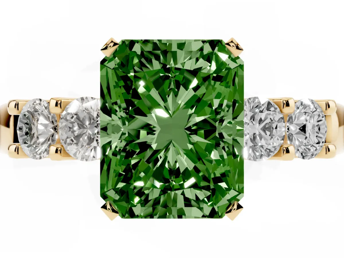Fancy Green Radiant Cut Brilliant Cut Diamond Five-Stone Prong Set Engagement Ring with Channel Band Yellow gold
