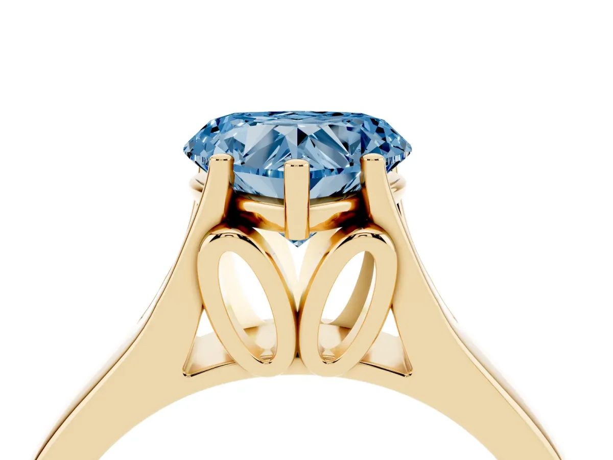 Fancy Blue Heart Cut Solitaire Diamond Ring with Cathedral Band and Four-Prong Setting Yellow gold