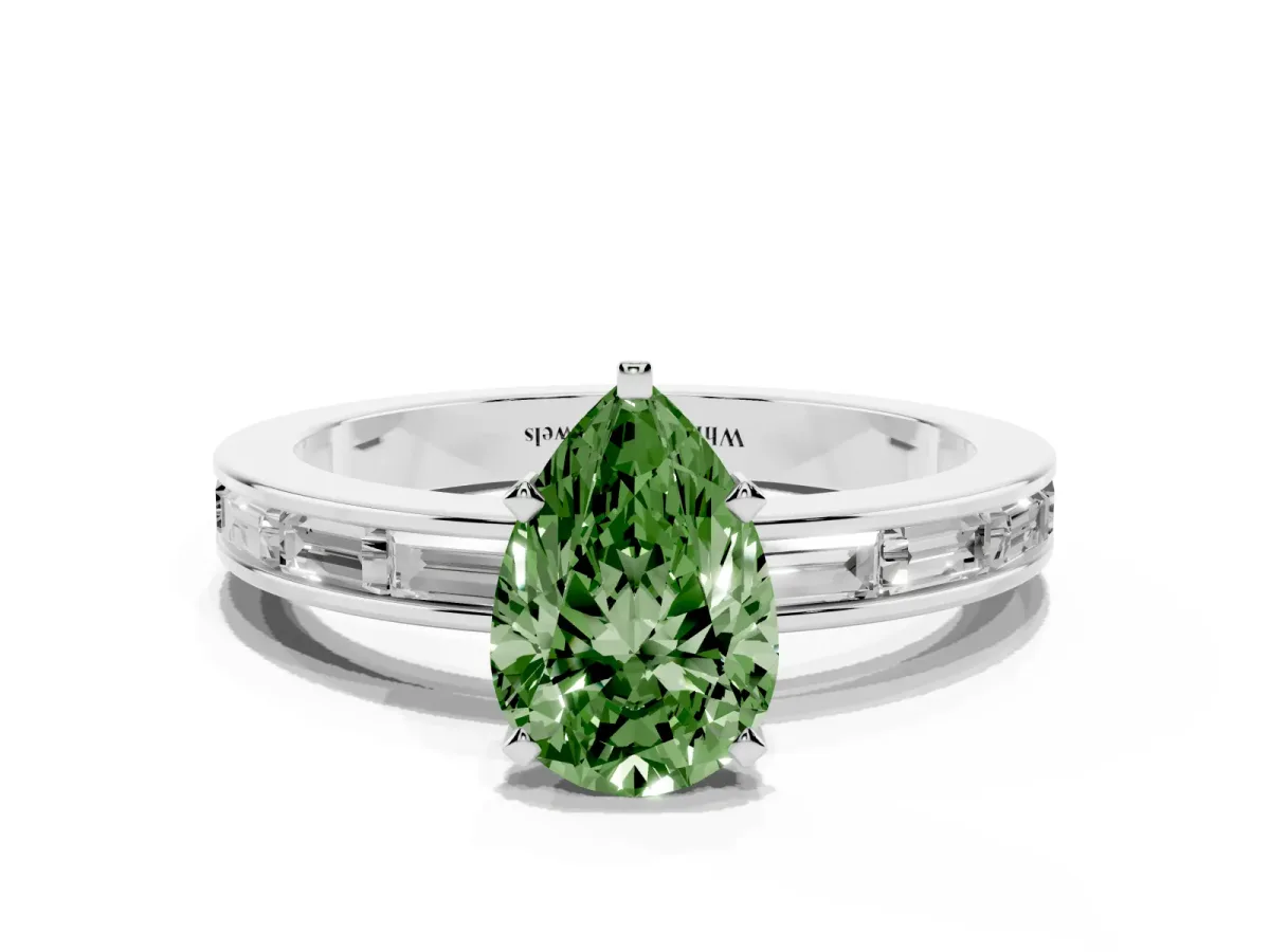 Fancy Green Pear Cut Solitaire Diamond Ring with Channel-Set Baguette Band and Four-Prong Setting White gold