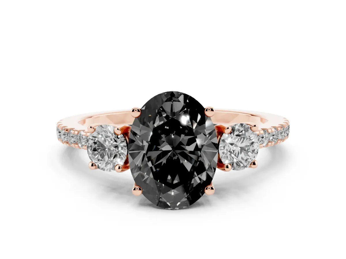 Fancy Black Three-Stone Oval Cut Cut Diamond Pavé Band with Prong Setting Rose gold