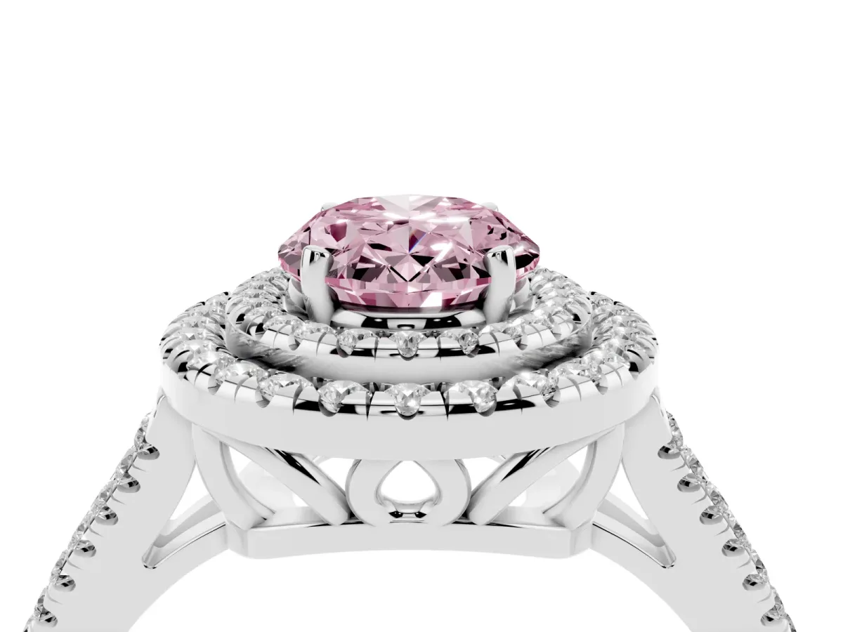 Fancy Pink Oval Cut Diamond Double Halo Ring with Pavé Band and Prong Setting Silver
