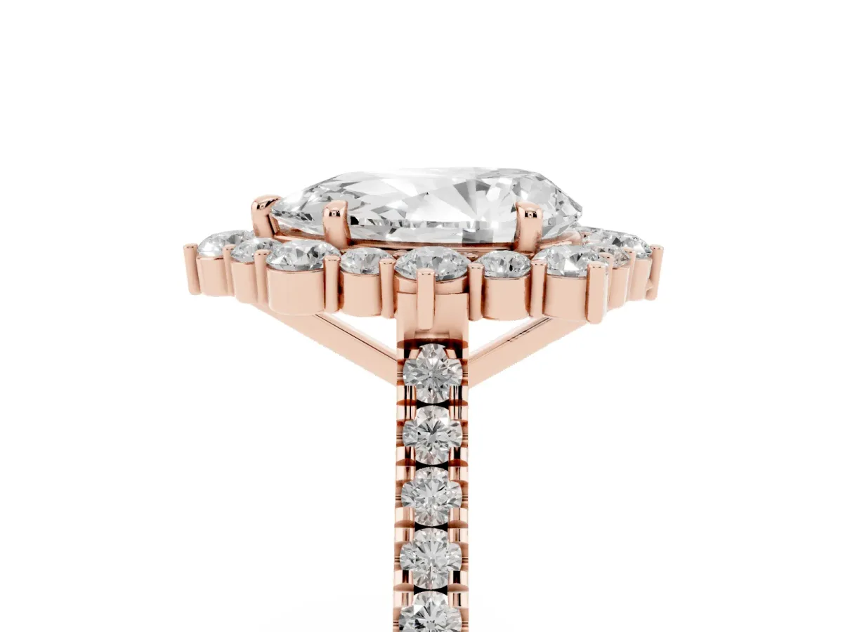 Pear Cut Halo Diamond Ring with Pavé Band and Prong Setting Rose gold