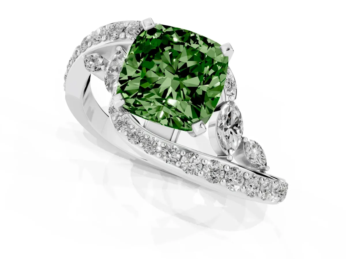 Fancy Green Cushion Cut Solitaire with Pavé Twist Band and Four-Prong Setting Platinum