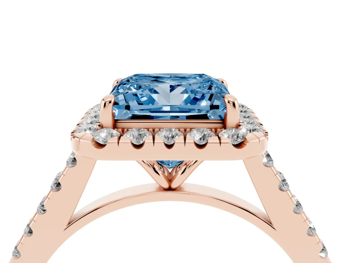 Fancy Blue Princess Cut Halo Pave Diamond Engagement Ring with Four-Prong Setting Rose gold