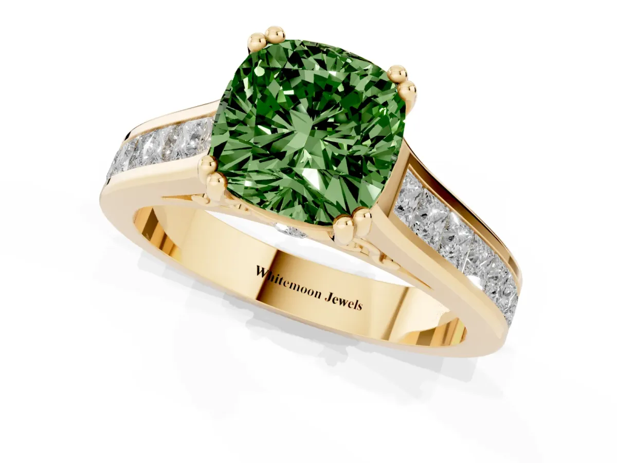 Fancy Green Cushion Cut Cut Channel Set Solitaire Engagement Ring with Prong Setting Yellow gold