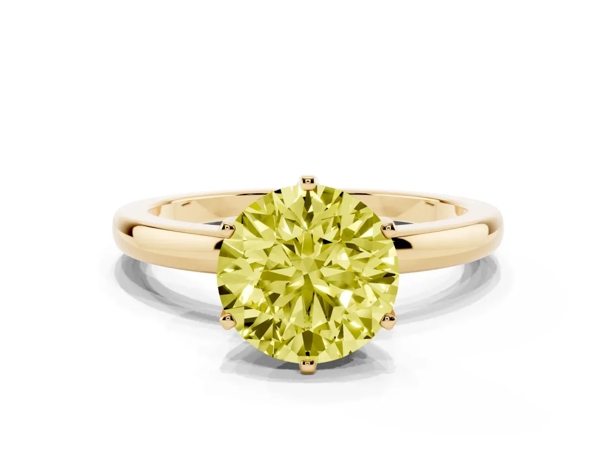 Fancy Yellow Round Cut Solitaire Diamond Ring with Six-Prong Setting on a Classic Band Yellow gold