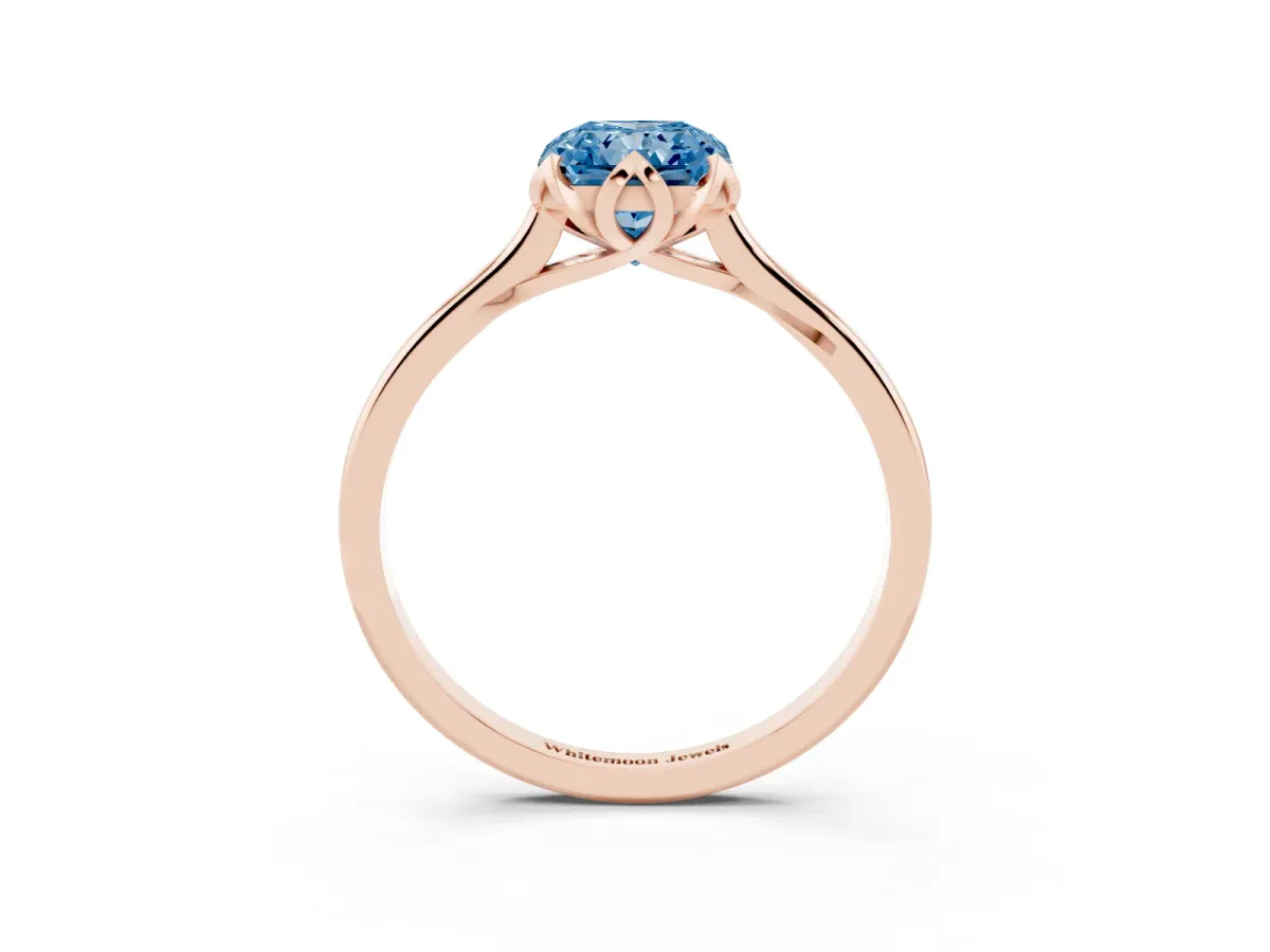 Fancy Blue Radiant Cut Diamond Solitaire Ring with Flower Prong Setting and Classic Band Rose gold