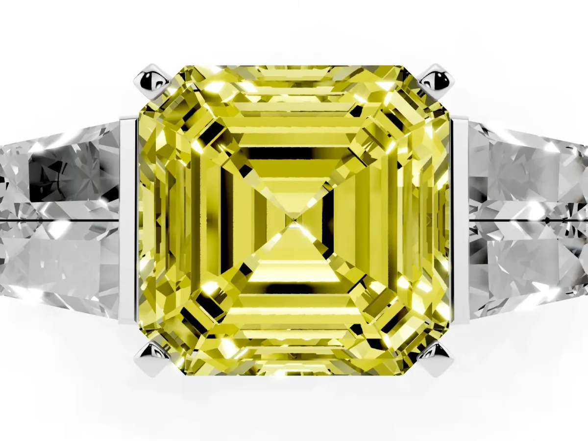 Fancy Yellow Asscher Cut Diamond Engagement Ring with Baguette Side Stones and Channel Set Band Platinum