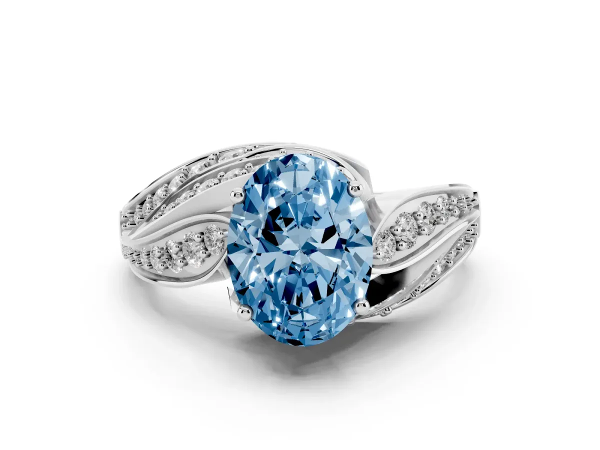 Fancy Blue Oval Cut Diamond Solitaire Ring with Prong Setting and Twisted Pavé Band Silver