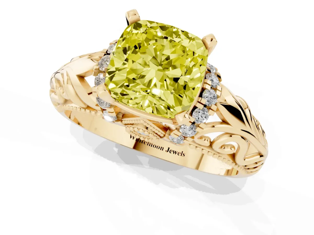 Fancy Yellow Cushion Cut Solitaire Filigree Engagement Ring with Halo and Prong Setting Yellow gold