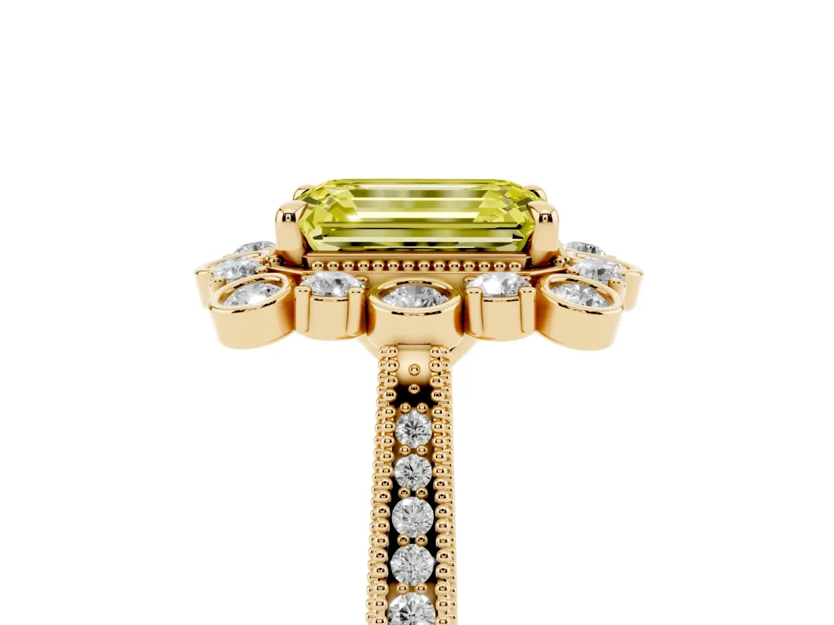 Fancy Yellow Emerald Cut Halo Milgrain Pave Diamond Ring with Four-Prong Setting Yellow gold