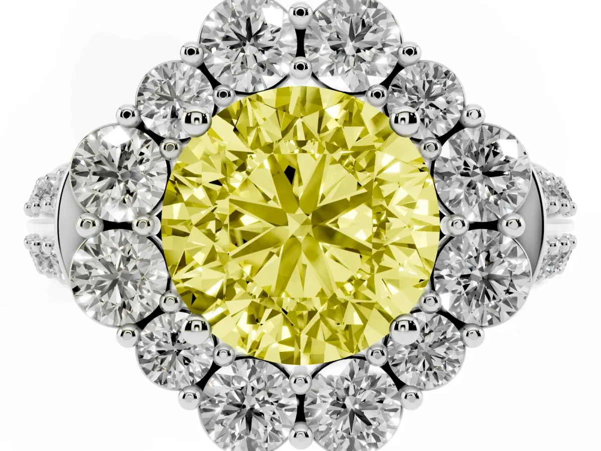 Fancy Yellow Round Cut Halo Diamond Engagement Ring with Split Shank and Prong Setting Silver