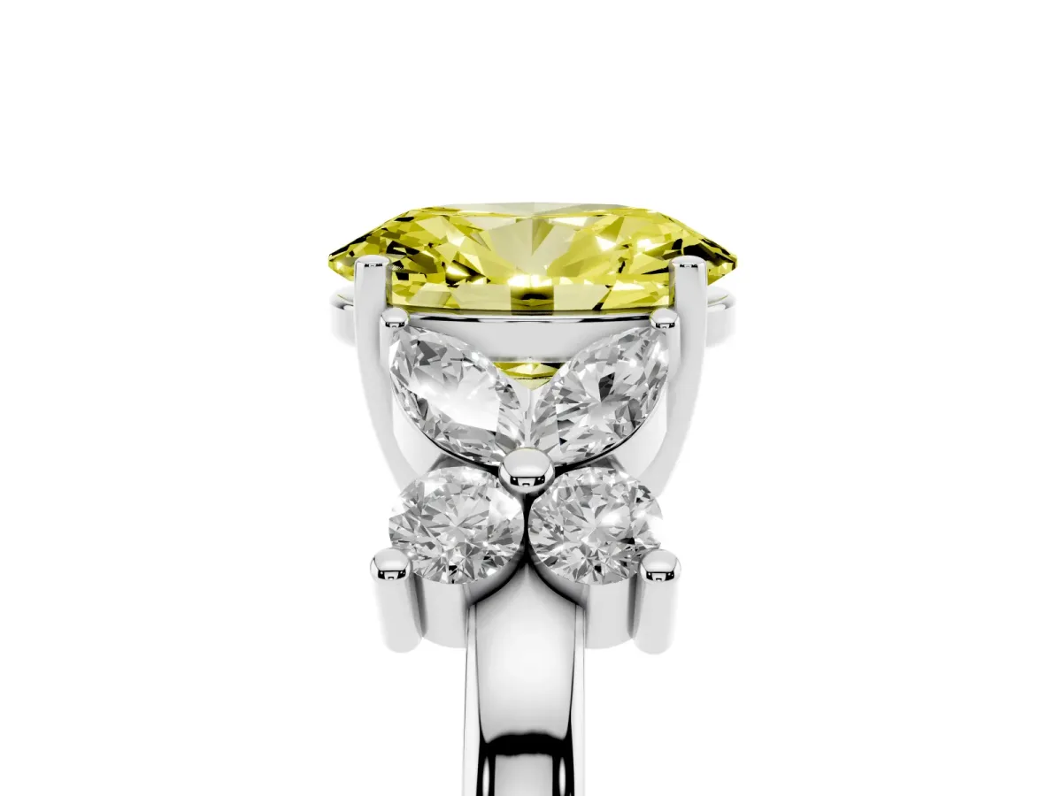 Fancy Yellow Oval Cut Diamond Floral Cluster Ring with Solitaire Band and Prong Setting White gold