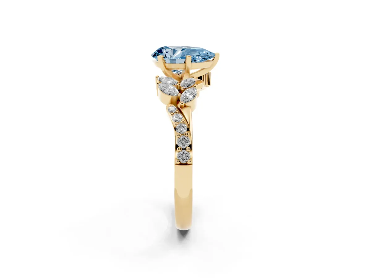 Fancy Blue Pear Cut Solitaire Marquise Twist Band with Six-Prong Setting Yellow gold