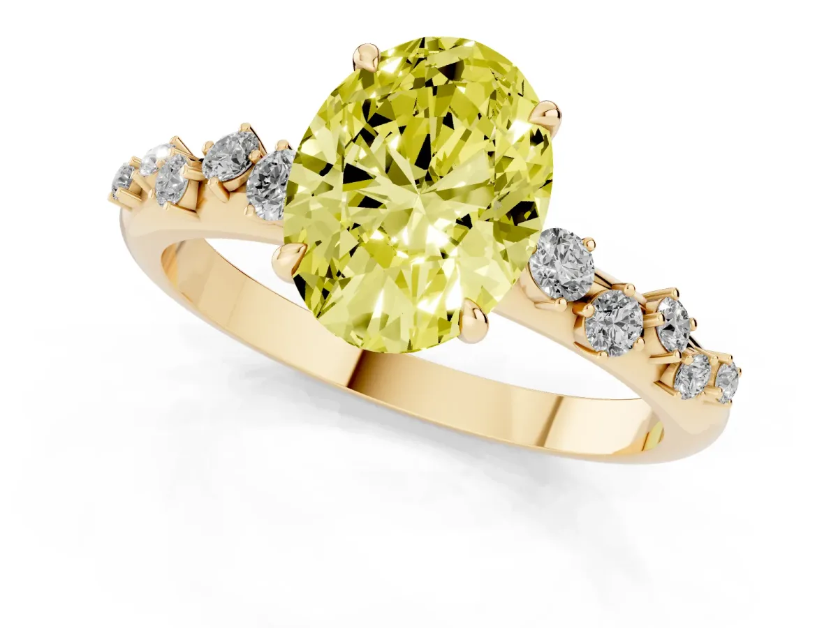 Fancy Yellow Oval Cut Diamond Cluster Prong-Set Solitaire Ring Yellow gold