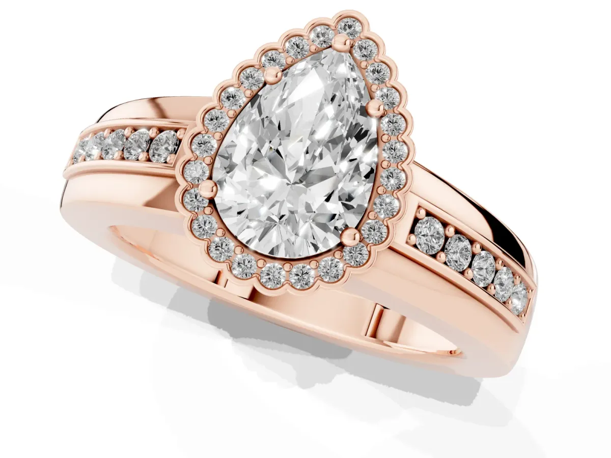 Pear Cut Cut Halo Pave Band Four-Prong Ring Rose gold