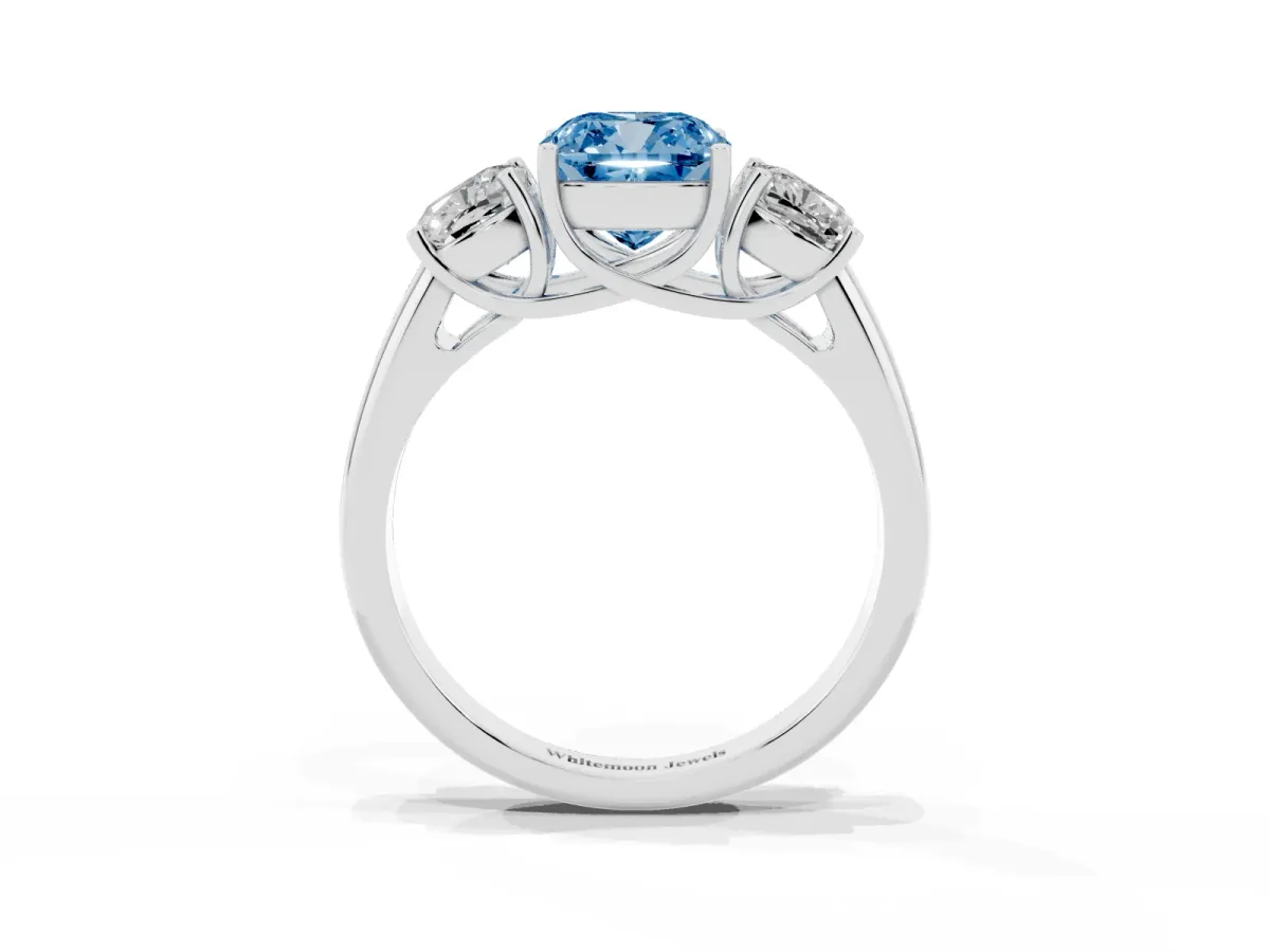 Fancy Blue Three-Stone Cushion Cut Diamond Engagement Ring with Prong Setting White gold