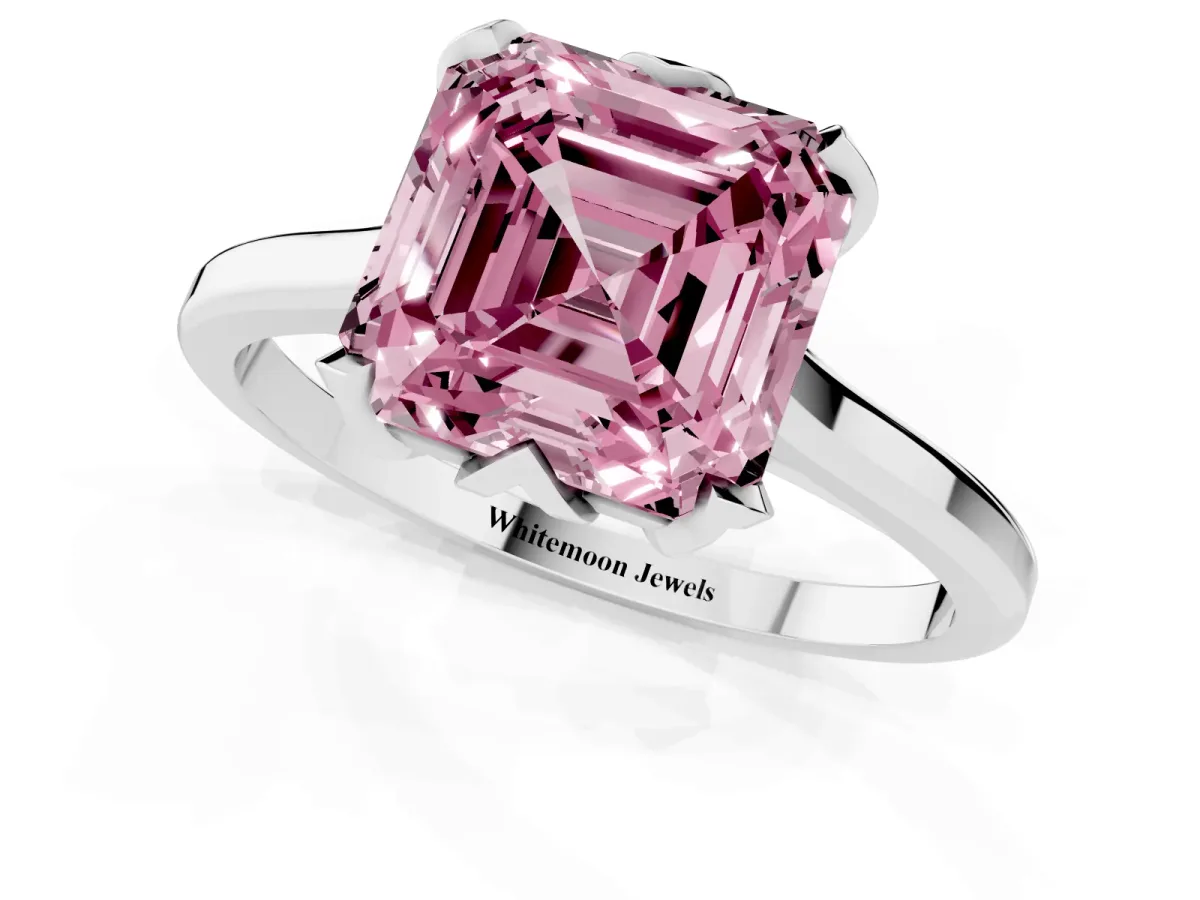 Fancy Pink Asscher Cut Diamond Solitaire Ring with Flower Prong Setting and Classic Band Silver