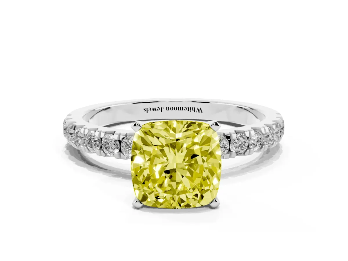 Fancy Yellow Cushion Cut Diamond Solitaire Ring with Pavé Accents and Four-Prong Setting Silver