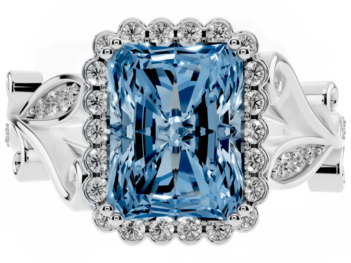 Fancy Blue Radiant Cut Diamond Halo Ring with Vintage Split Shank and Four-Prong Setting Platinum