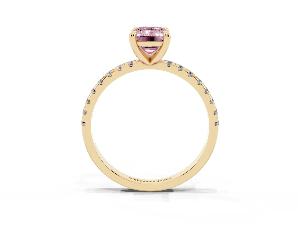 Fancy Pink Emerald Cut Diamond Brilliant Solitaire Ring with Pavé Band and Four-Prong Setting Yellow gold