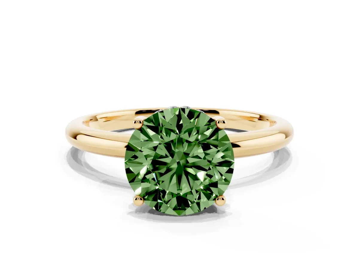Fancy Green Round Cut Cut Solitaire Engagement Ring with Four-Prong Setting and Classic Band Yellow gold