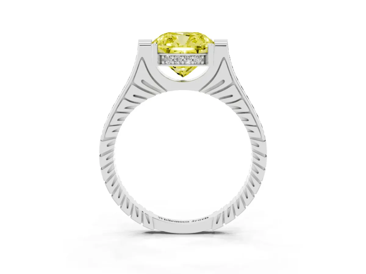 Fancy Yellow Cushion Cut Solitaire Diamond Ring with Channel Set Band and Bezel Prong Setting Silver