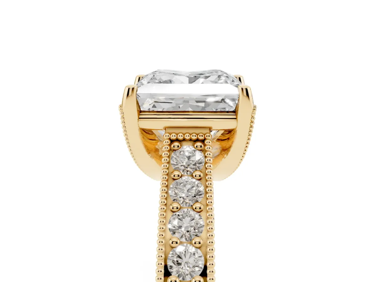 Princess Cut Cut Diamond Solitaire Ring with Milgrain Pave Band and Four Prong Setting Yellow gold