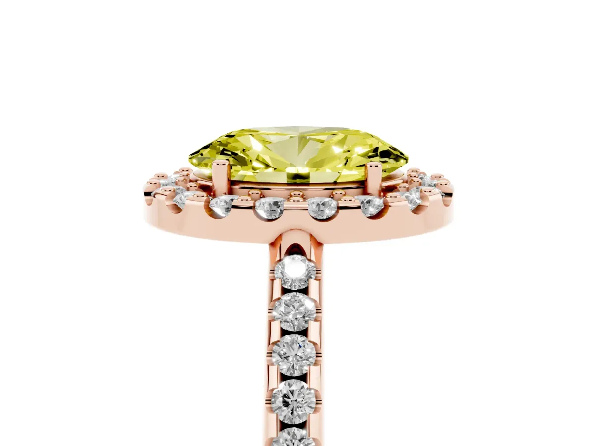 Fancy Yellow Oval Cut Diamond Pavé Halo Ring with Four-Prong Setting Rose gold