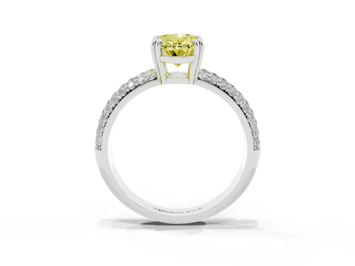 Fancy Yellow Oval Cut Diamond Solitaire Ring with Multi-Row Round Pavé Band and Prong Setting Silver