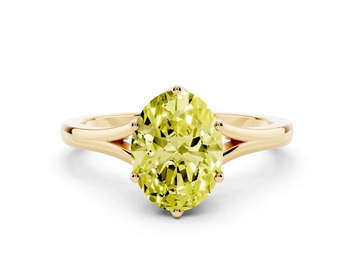 Fancy Yellow Oval Cut Solitaire Diamond Ring with Six-Prong Setting and Tapered Band Yellow gold