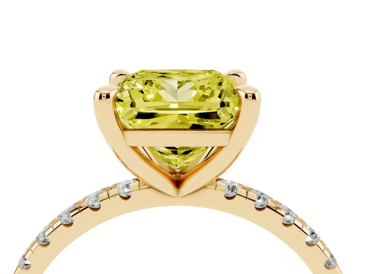 Fancy Yellow Princess Cut Diamond Brilliant Solitaire Ring with Pavé Band and Four-Prong Setting Yellow gold