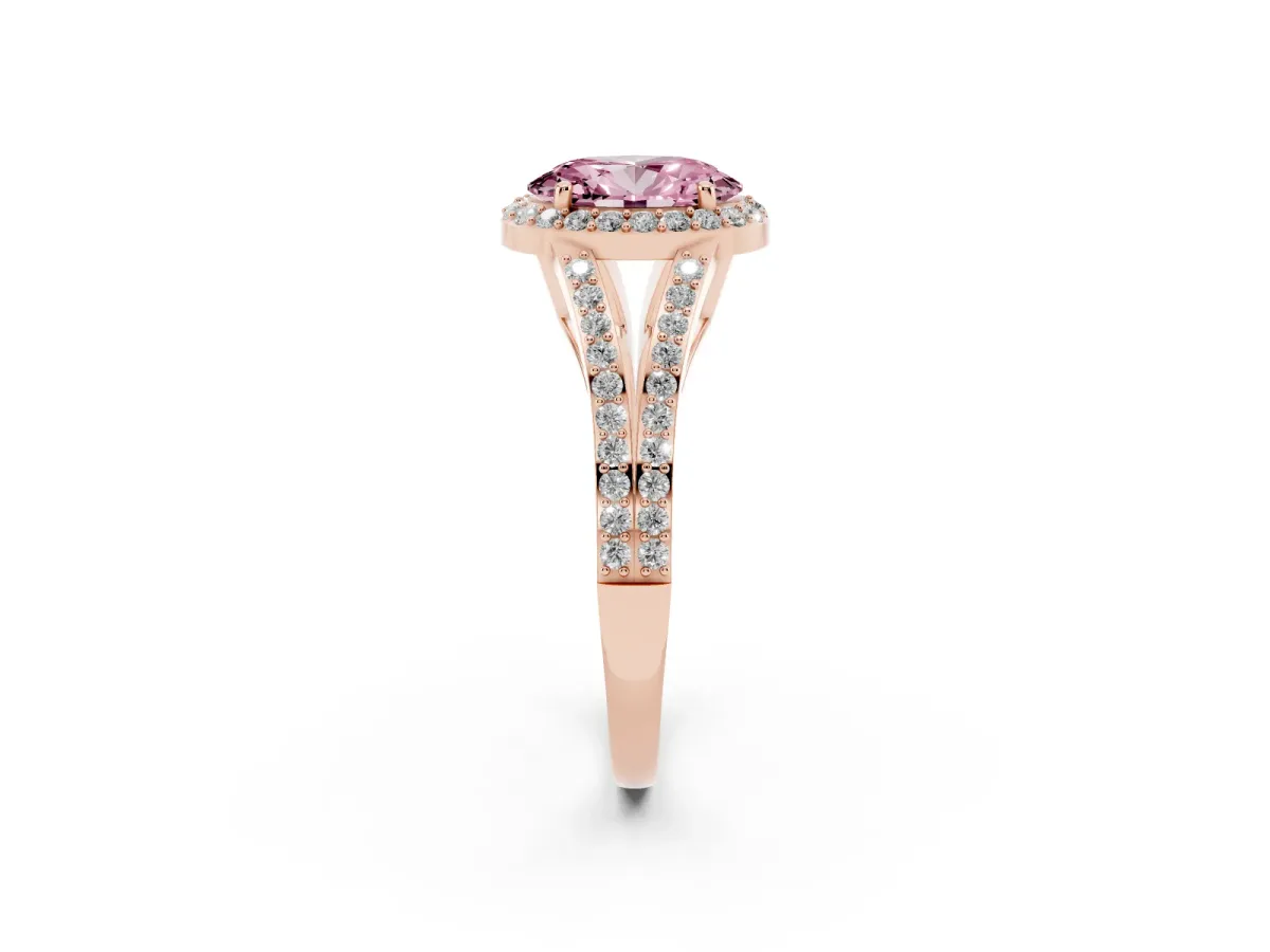 Fancy Pink Oval Cut Halo Split Shank Pave Diamond Ring with Four-Prong Setting Rose gold