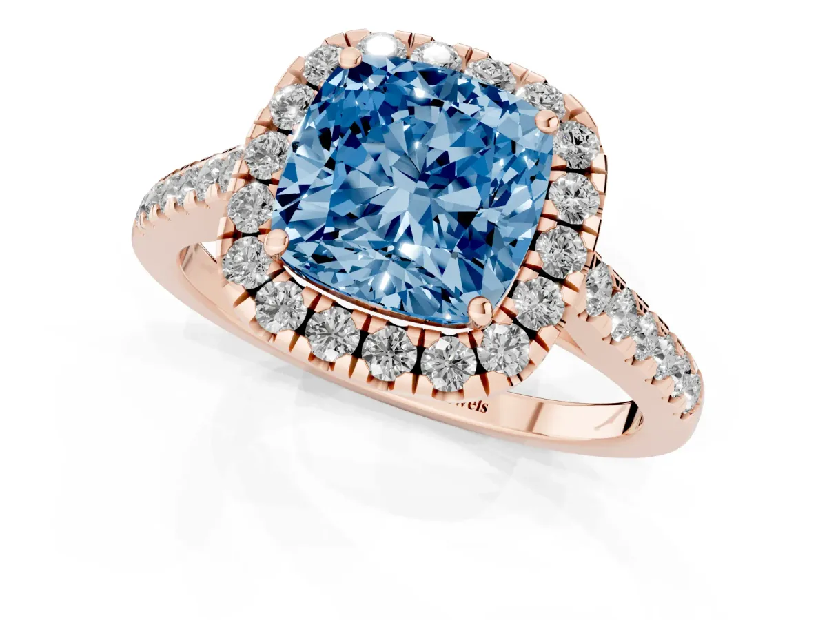 Fancy Blue Cushion Cut Halo Pave Diamond Engagement Ring with Four-Prong Setting Rose gold