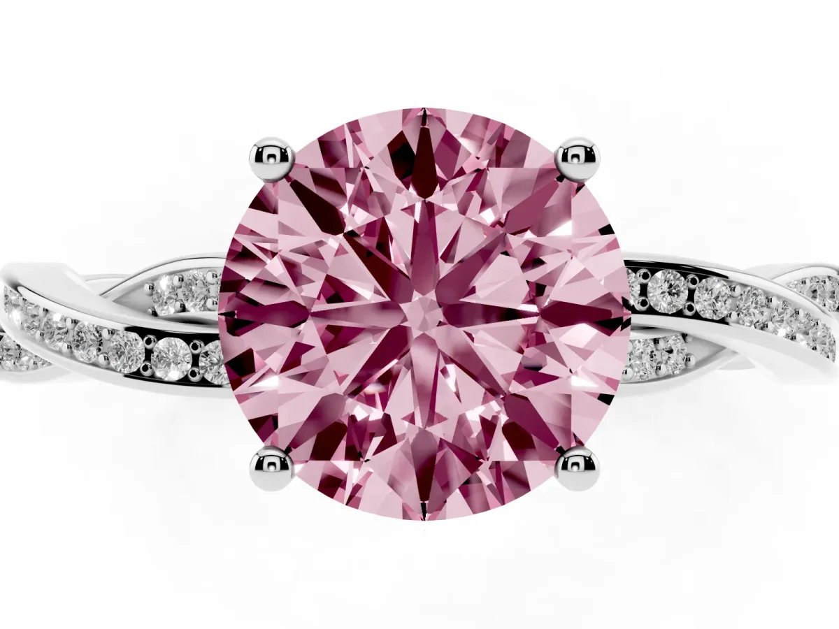 Fancy Pink Round Cut Solitaire Twisted Pave Diamond Ring with Four-Prong Setting White gold