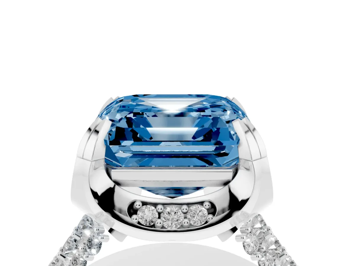 Fancy Blue Asscher Cut Solitaire Pave Split Shank Ring with Four-Prong Setting White gold