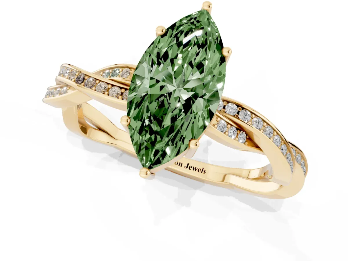 Fancy Green Marquise Cut Solitaire Twisted Pave Diamond Ring with Four-Prong Setting Yellow gold