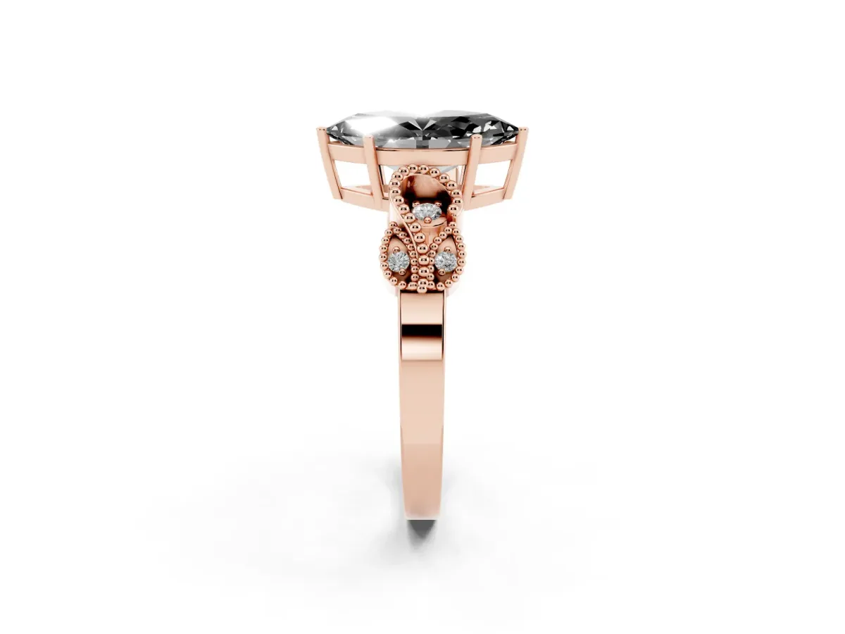 Fancy Black Marquise Cut Solitaire Milgrain Leaf Band with Prong Setting Rose gold