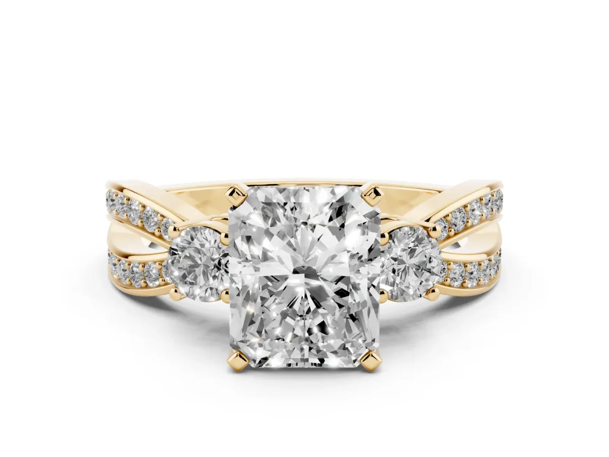 Three-Stone Radiant Cut Cut Diamond Twist Band with Prong Setting Yellow gold