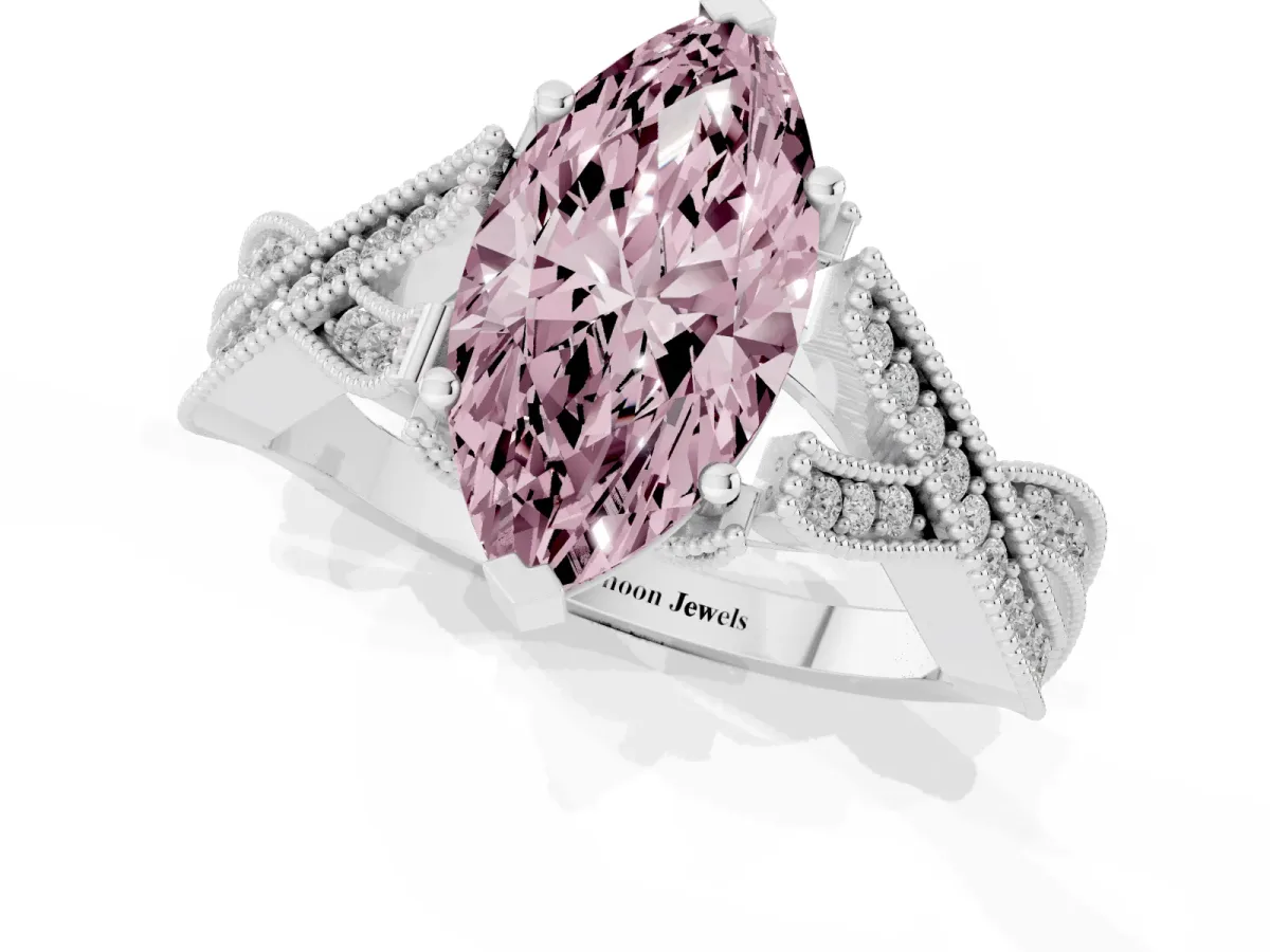 Fancy Pink Marquise Cut Cut Diamond Twisted Band with Milgrain Pave Setting and Four-Prong Setting Silver
