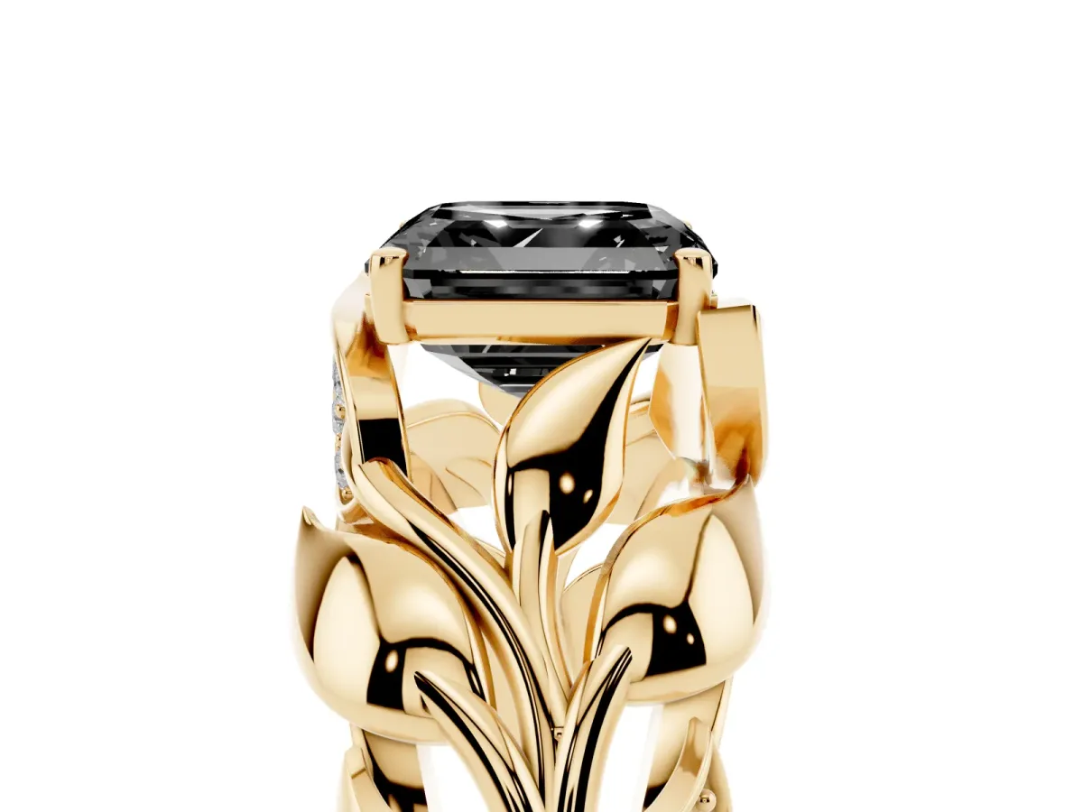Fancy Black Asscher Cut Diamond Leaf-Inspired Engagement Ring with Round Accents and Prong Setting Yellow gold
