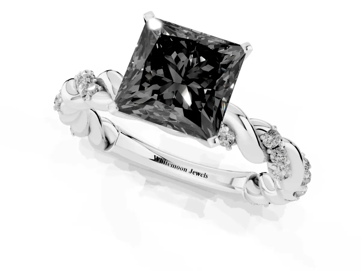 Fancy Black Princess Cut Diamond Solitaire Ring with Twisted Band and Pavé Accents Silver