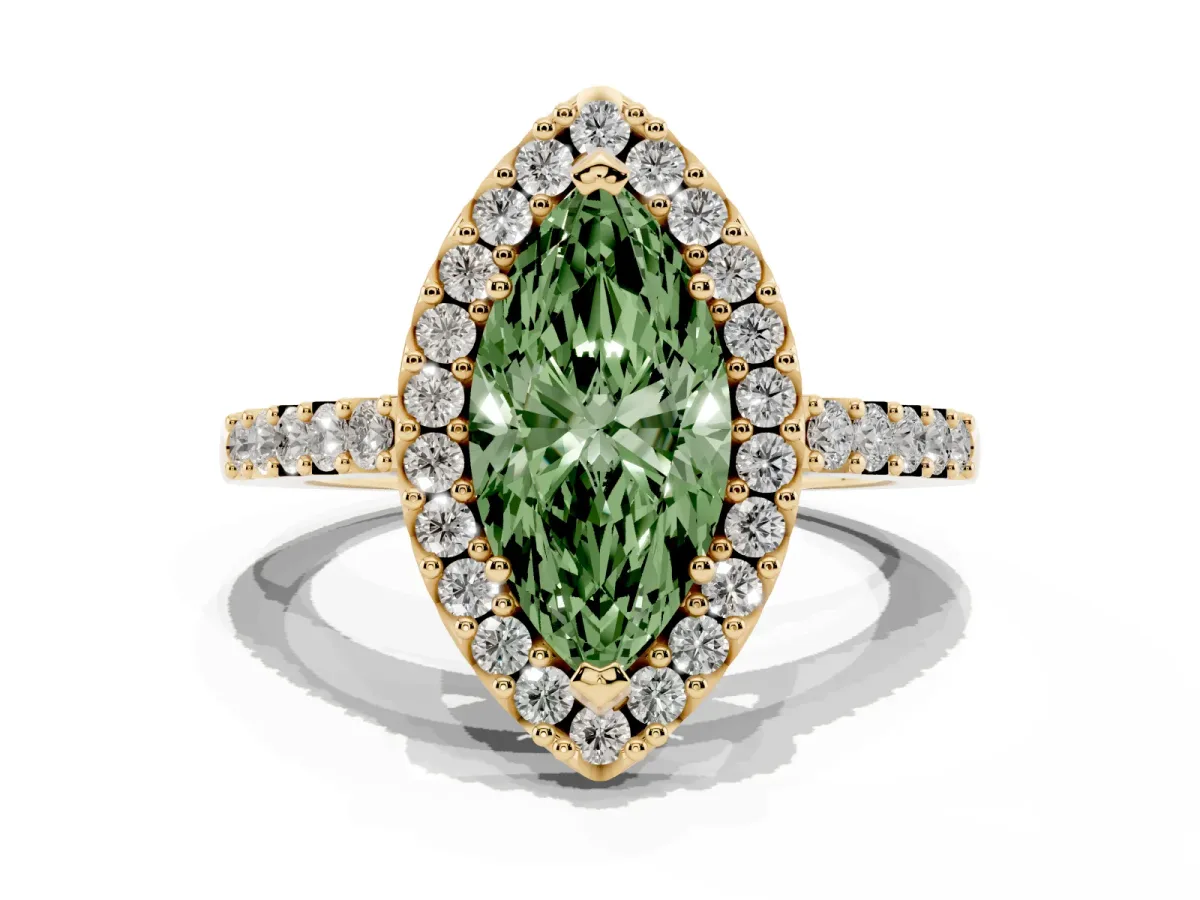 Fancy Green Marquise Cut Halo Diamond Pavé Solitaire Ring Yellow gold