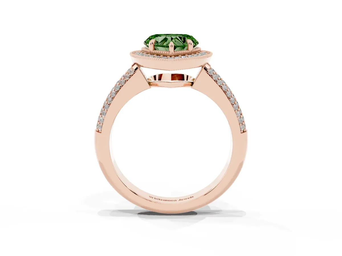 Fancy Green Heart Cut Cut Halo Diamond Pave Band with Four-Prong Setting Rose gold