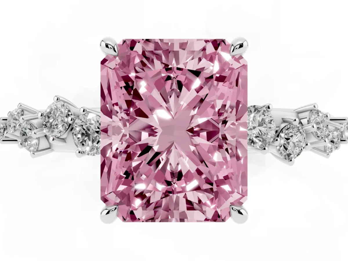 Fancy Pink Radiant Cut Diamond Cluster Side Stone Solitaire Ring with Prong Setting Platinum