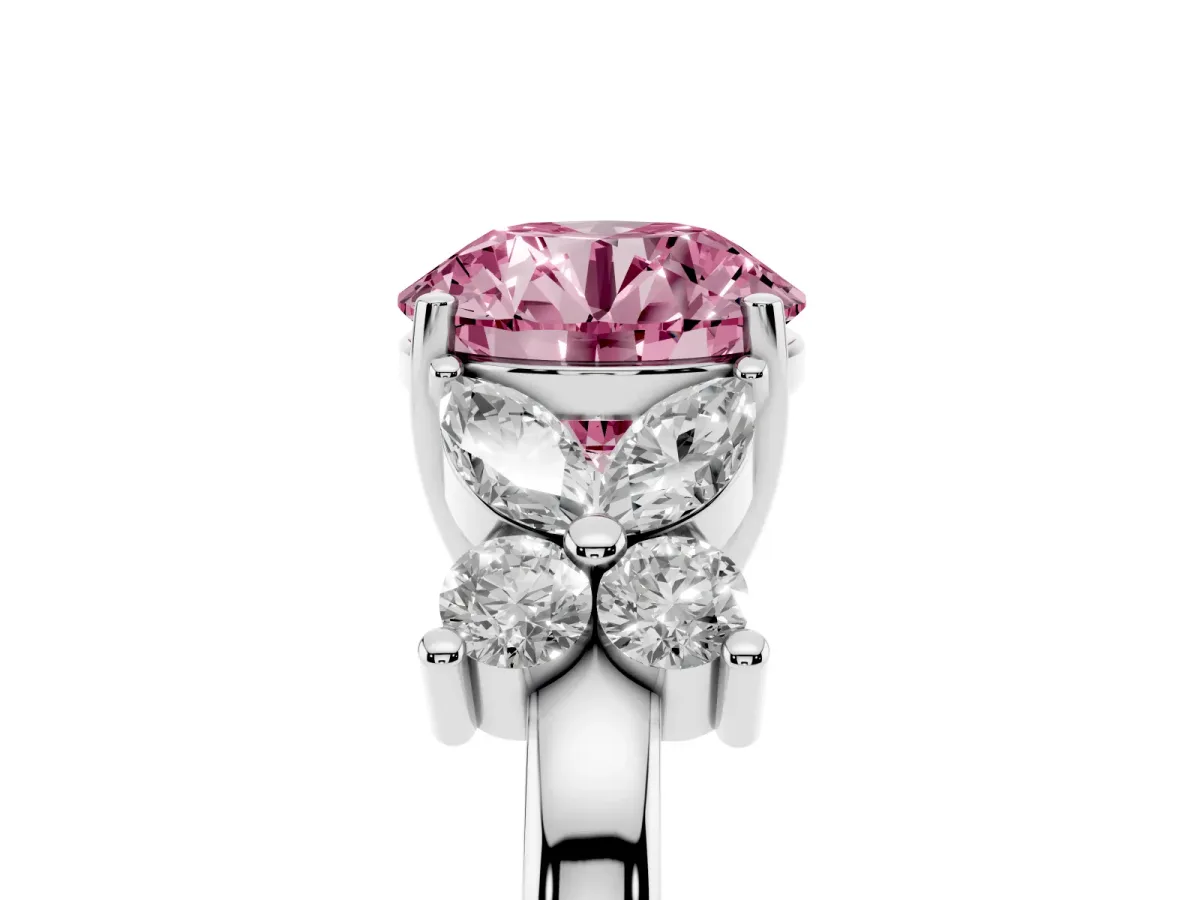 Fancy Pink Round Cut Diamond Floral Cluster Ring with Solitaire Band and Prong Setting Silver