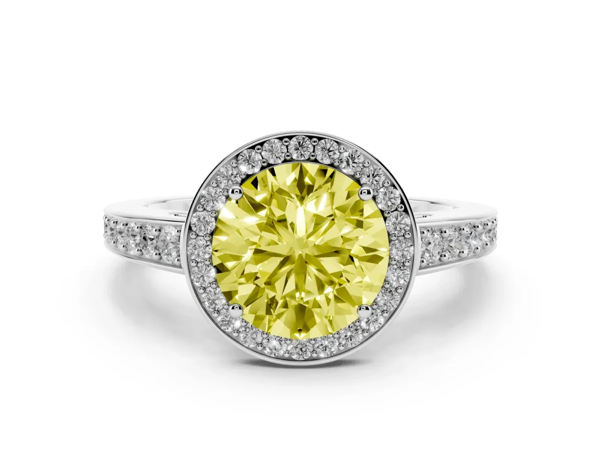 Fancy Yellow Round Cut Halo Pavé Diamond Engagement Ring with Bezel Setting Silver